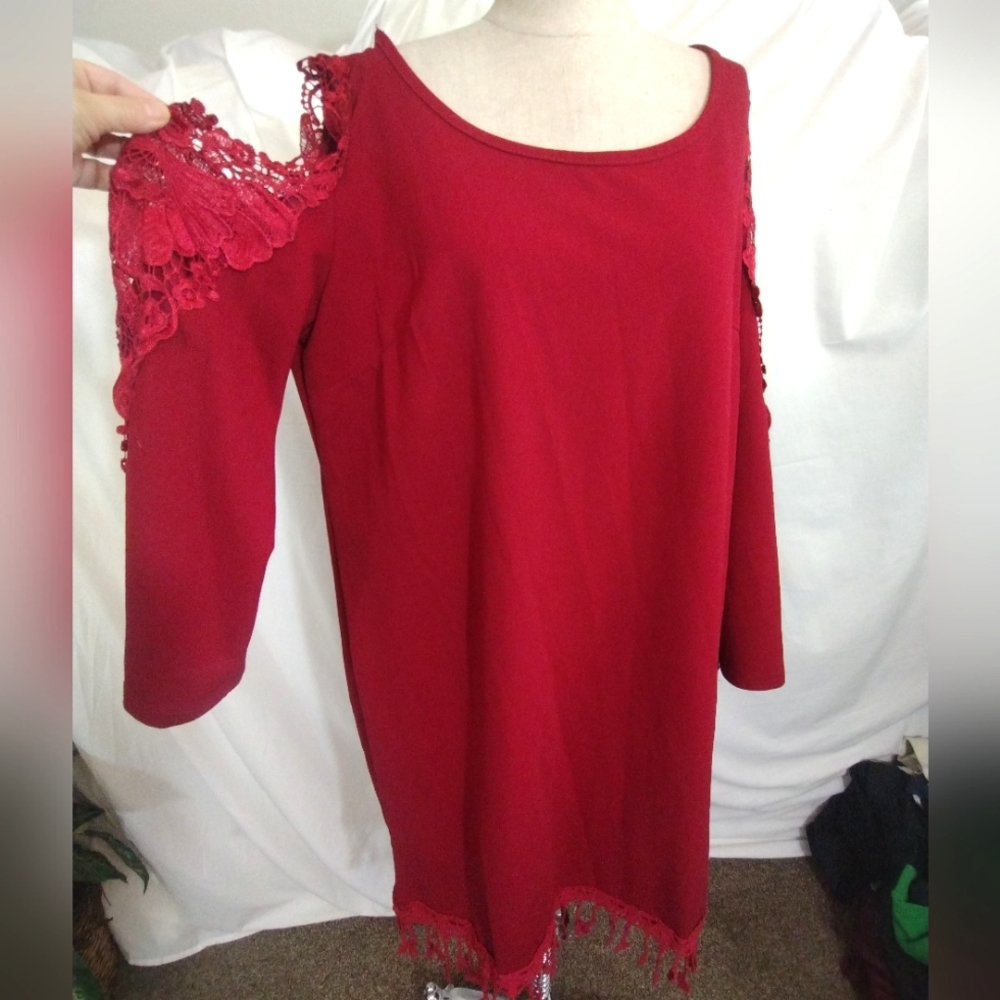 Rose Gal lace long sleeve, cut-out Shoulder, tassels, knee Lngth dress, 1X/16